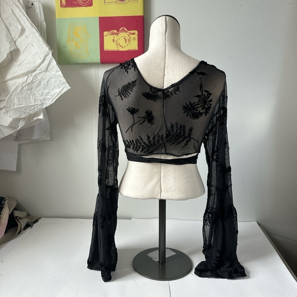 Black Sheer Wrap Top with Floral Design - Picture 3 of 5